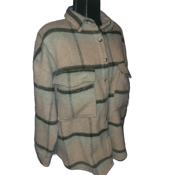 Acoa Oatmeal and Brown Plaid Wool Blend Shacket M - Picture 1 of 6